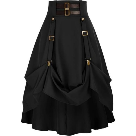 Women Goth Steampunk Skirt High Waist Pirate Midi A-Line Skirt w Pockets S-2XL - Picture 2 of 7